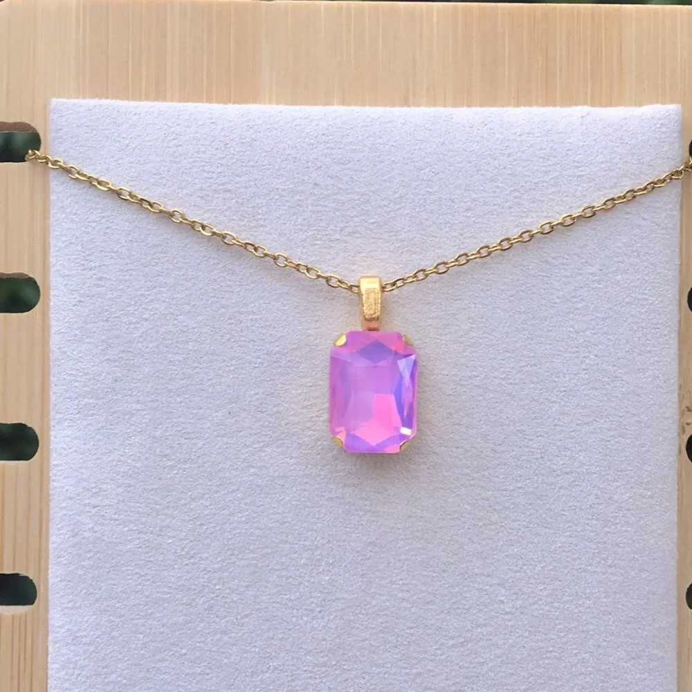 Pink-Purple Opal Aurora Borealis + Gold Emerald Cut Crystal Pendant Necklace - Picture 13 of 14